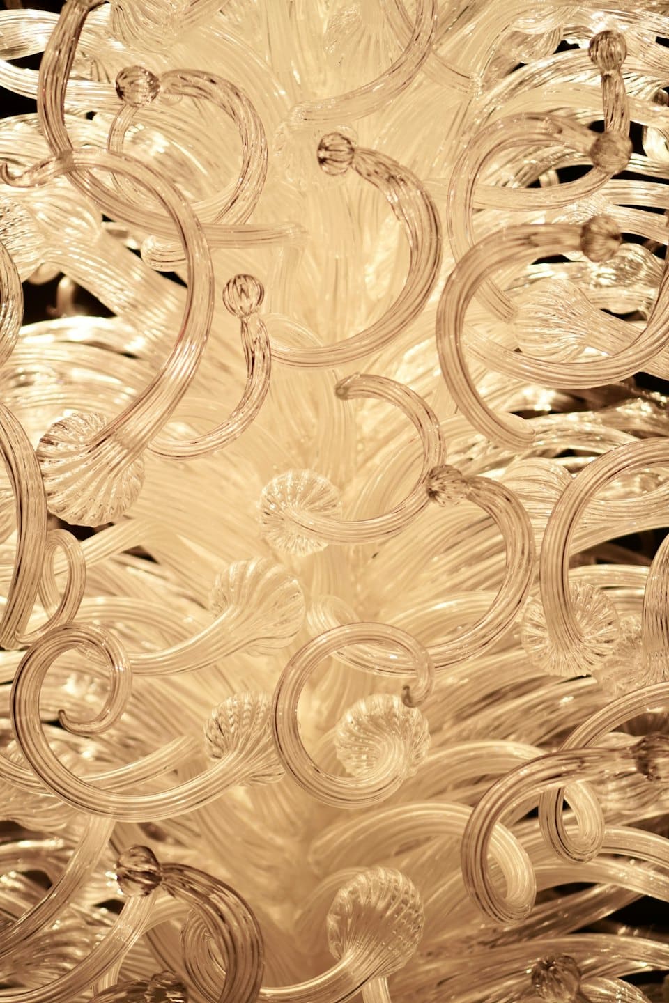 Intricate chandelier made of swirling clear glass pieces.
